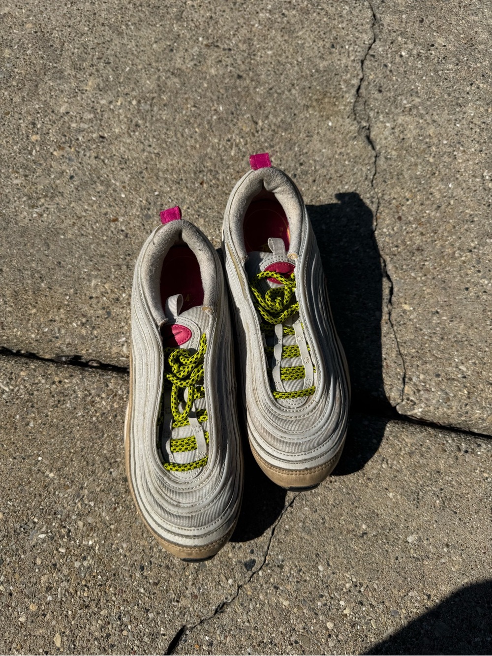 Nike Women's White Sneakers with Pink Pull Tabs and Neon Yellow Laces